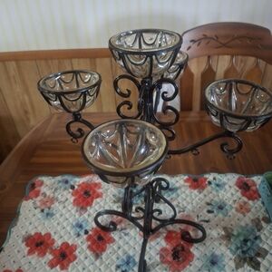 Ornate Gothic Black Wrought Iron Candelabra With 5 Clear Glass Votive Holders